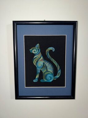 Homemade Blue & Green Cat Embroidery Art 11X14